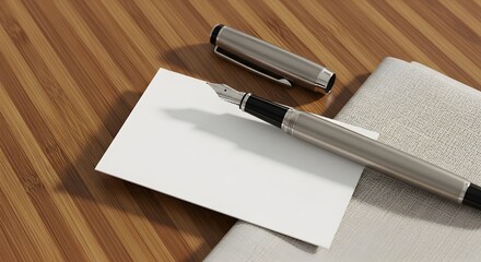 Close-Up of a Silver Fountain Pen on Top of a Paper Card and Notepad