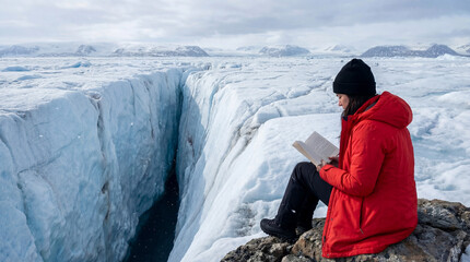 Woman reading a book beside a deep glacier crevasse