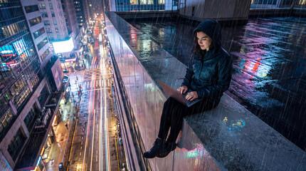 Woman working on a laptop during a rainy night above the city streets