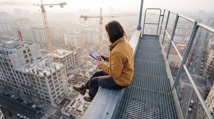 Woman observing urban construction from a rooftop walkway while holding a tablet
