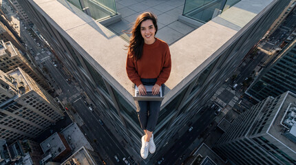 Smiling woman working remotely from the edge of a skyscraper with a laptop