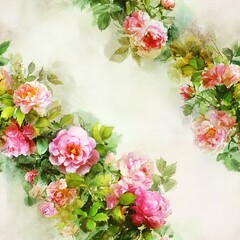 Botanical floral pattern featuring pink camellia flowers, green leaves, watercolor painting style with ivory paper background design.