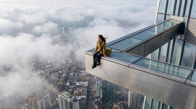 Woman sitting on a glass ledge above a cloudy city