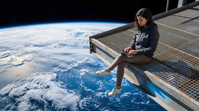 Woman working on a laptop while sitting above Earth in outer space