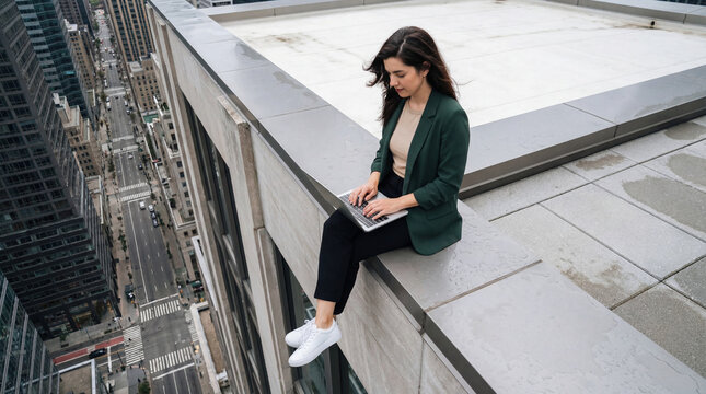 Remote work moment as a woman types on her laptop at the edge of a city rooftop - Powered by Adobe