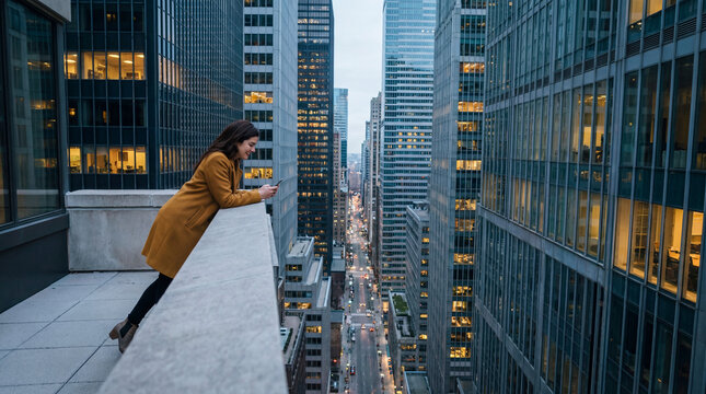 Urban pause at dusk as a woman checks her phone from a high-rise rooftop