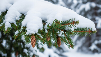 snow covered pine tree, snow on a fir tree branch, close-up