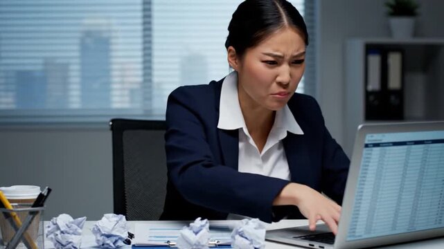 A woman is at her desk in an office. She tries to work on a computer while facing many challenges. Her expressions show feelings of stress and anger due to the work