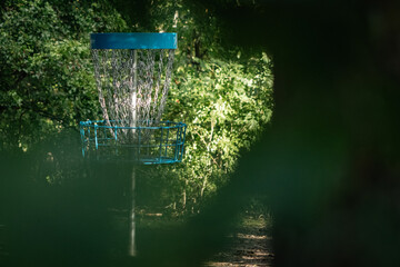 blue disc golf basket on the left behind leaves