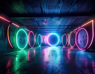 experience the captivating glow of circular neon lasers illuminating an abandoned space