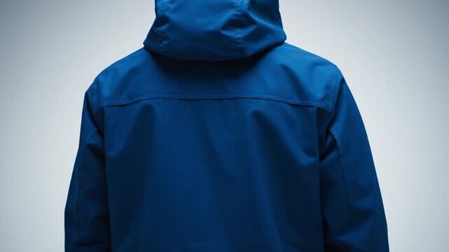A dynamic close-up shot from behind captures a person wearing a vibrant blue hooded jacket, showcased against a clean, minimalist studio background. The video emphasizes the durable, technical fabric 