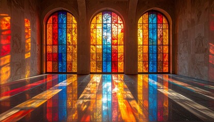 Stained glass window with vertical orange, blue, red, and gold panels casting colorful reflections in minimalist space.