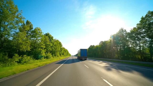 A large blue commercial truck drives steadily along a wide, multi-lane highway under a brilliant clear blue sky, with the sun creating a bright lens flare on the right side of the frame. Lush green tr
