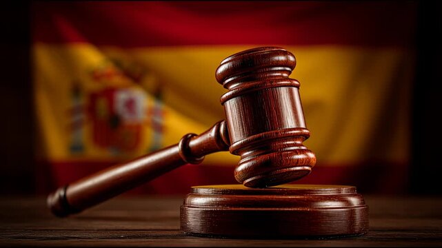Gavel Strikes Wood in Front of Spanish Flag, Showing the Legal System in Action During a Court Session in Spain