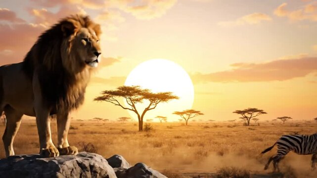 A magnificent herd of zebras gallops across the golden African savanna as the large sun dips below the horizon, bathing the expansive landscape in warm, vibrant hues of orange and yellow. Dust plumes 