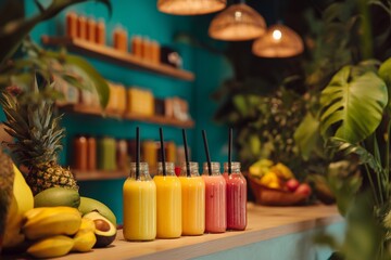 Colorful fruit smoothies in glass bottles on wooden counter with tropical plants in background