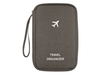 Grey travel organizer pouch with airplane icon