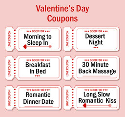 Set of love coupons.Valentine's Day example.Coupons with red and black text on white background.Vector illustration.