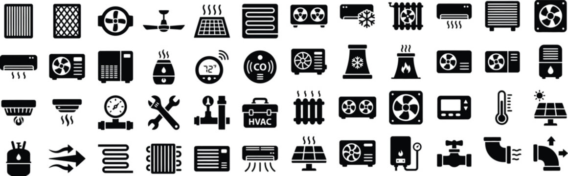HVAC Heating Cooling Line Icons Vector Set &ndash; Air  Conditioner Ventilation Refrigerator Fan Temperature  Thermostat Duct Maintenance Tool Outline Icon Pack UI Web App