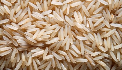 close up high angle full frame shot of uncooked long grain jasmine rice showing slender elongated slightly translucent white kernels
