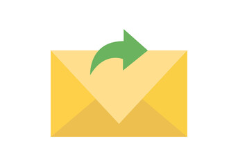 Sobre de correo amarillo con flecha verde de envío o reenvío sobre fondo blanco