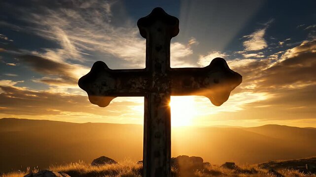 Majestic Cross Silhouette Against a Stunning Sunset Sky with Golden Hues.