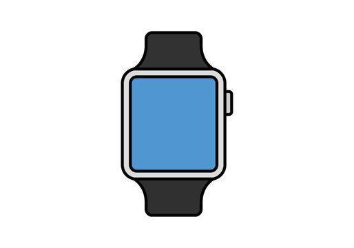 Reloj inteligente moderno con pantalla azul y correa negra sobre fondo blanco