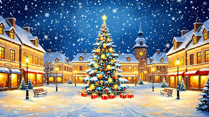Fototapeta premium Snowy christmas scene with tree and buildings