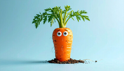 Funny carrot vegetable with eyes growing concept healthy food and gardening