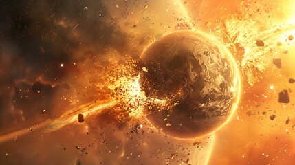 Concept art of Theia colliding primordial Earth creating molten debris disk Giant Impact Hypothesis cosmic clash visualization digital space render artistic planetary art plain neutral background raw