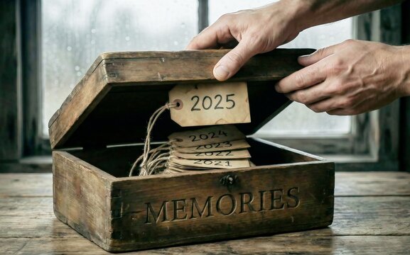 Opening an old wooden memory box with tags labeled with years, hands holding the lid, nostalgic concept of time passing and looking back at the past.