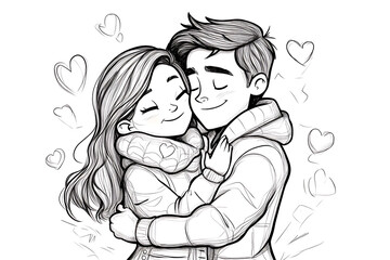 Happy boy and girl hugging together in love affectionate illustration