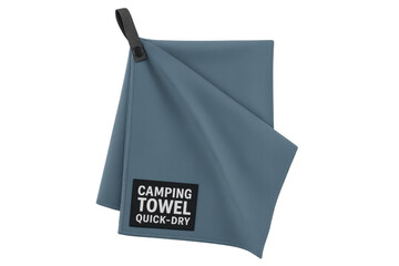 Blue quick-dry camping towel with hanging loop