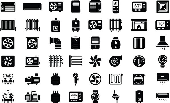 Comprehensive collection of black and white vector icons representing various heating ventilation and air conditioning systems components and related appliances for technical design projects.
