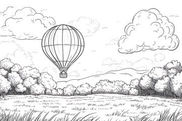 Peaceful hot air balloon soaring above forest in detailed line art coloring page