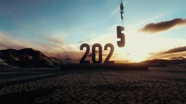 The end of the year 2025 and the start of 2026. Animation of a crane's hook changing the number of the year