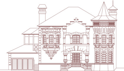 A detailed vector illustration of a classic house elevation featuring ornate windows, a grand entrance, decorative turrets, and a garage door. © Riki
