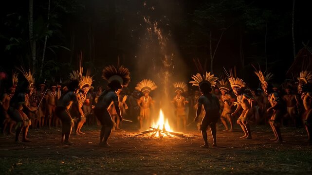 Nighttime Ritual Dance Around a Bonfire - A Cultural Celebration of Tradition.