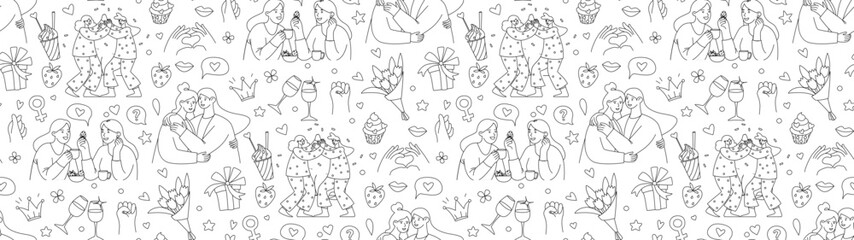Galentines Day Seamless Border Frame Pattern, Women Friendship Line Art Vector Illustration