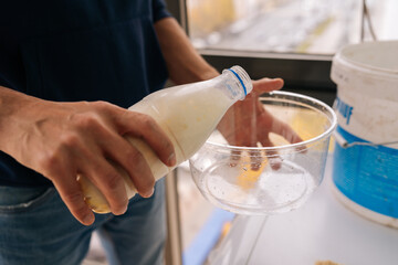 Close-up of male worker hands preparing white liquid primer by pouring from generic plastic bottle into empty mixing bowl, performing essential step for wall surface adhesion and renovation.