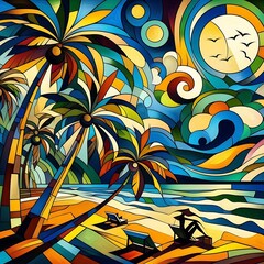 Seamless summer vector wallpaper design featuring tropical palm trees and floral leaf patterns with vintage yellow sun ornaments on a colorful background art illustration