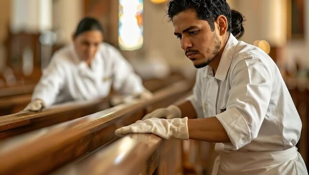 People cleaning church pews with gloves, maintaining religious space, and showing dedication.