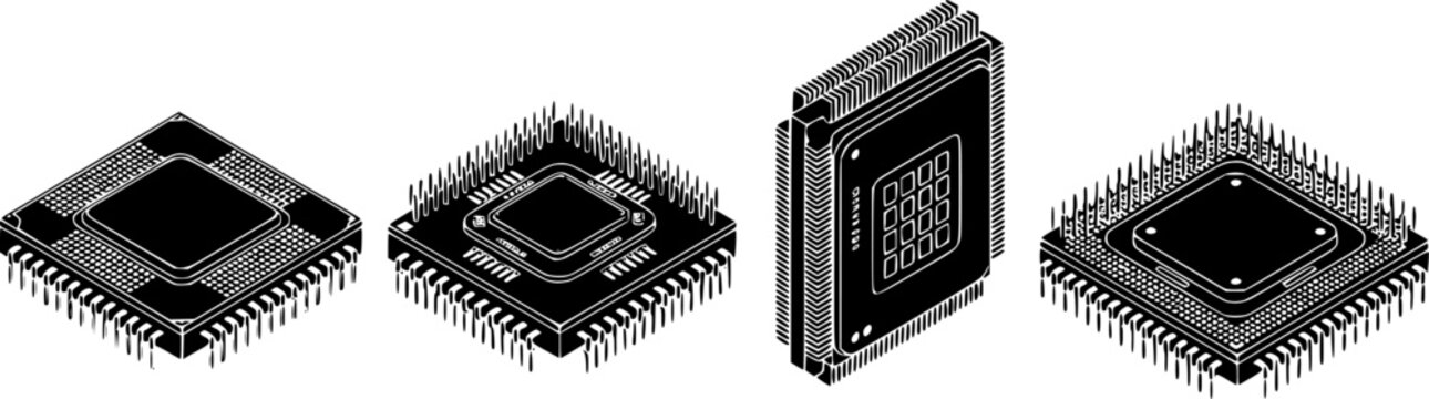 Four isometric black and white illustrations of computer microprocessors or central processing units with visible pins and intricate details
