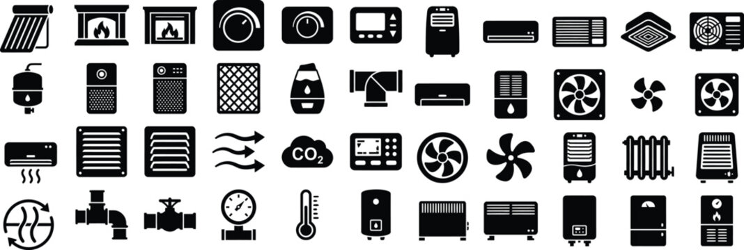 HVAC Heating Cooling Line Icons Vector Set &ndash; Air  Conditioner Ventilation Refrigerator Fan Temperature  Thermostat Duct System AC Outline Icon Pack UI Web App