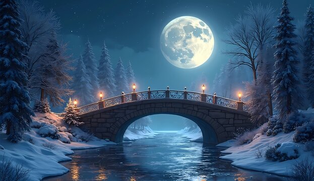Enchanting Stone Bridge over River under Large Full Moon in Winter 