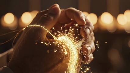 Golden light particles pouring from hands, creating a magical effect with bokeh background.