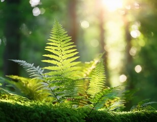 fresh green fern leaves with sunlight bokeh in a tranquil forest