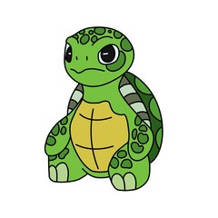 Obraz premium ​Cute green sea turtle character with a grumpy expression isolated on white background. Adorable grumpy reptile illustration with spots and yellow shell for stickers, mascots, and children design.