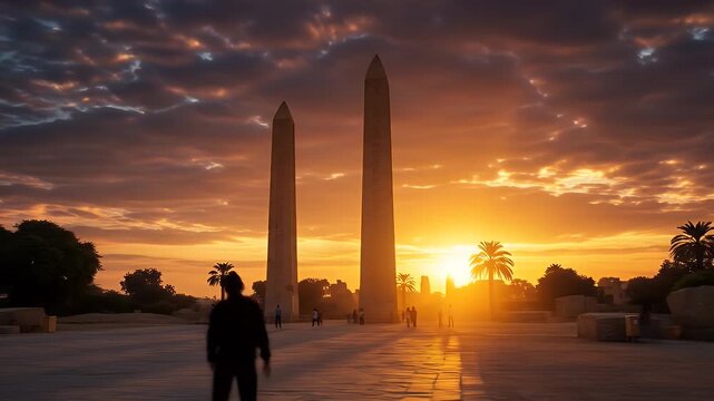 Stunning sunset illuminates ancient obelisks in a beautiful landscape.
