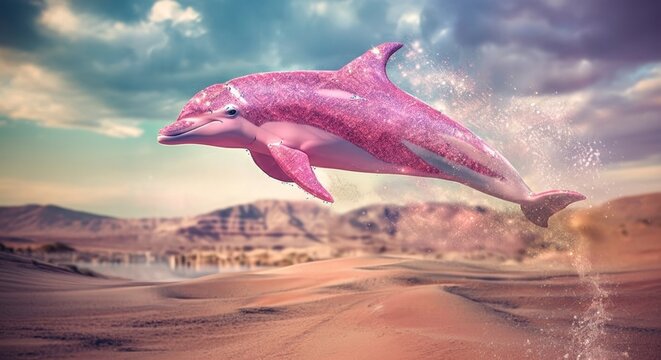 Pink dolphin leaping over beach waves